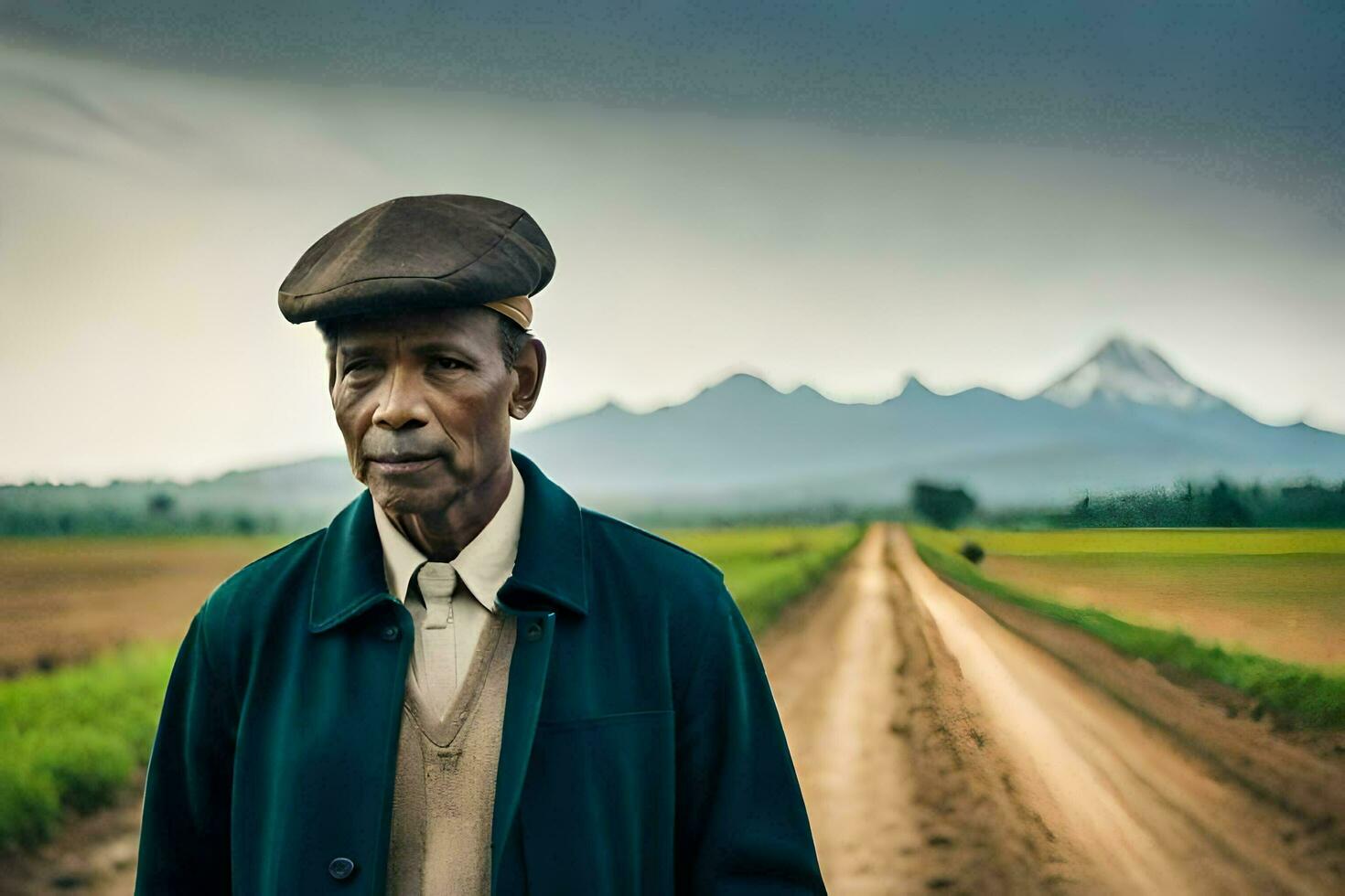 un antiguo hombre en pie en el medio de un suciedad la carretera. generado por ai foto