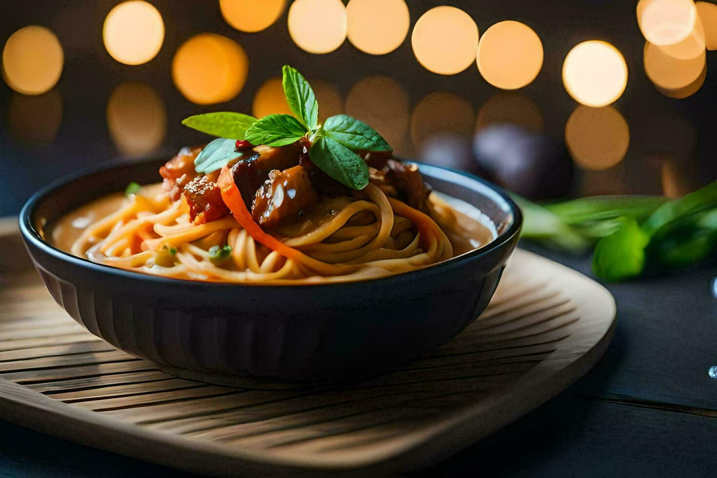 spaghetti with meat and vegetables in a bowl. AI-Generated photo