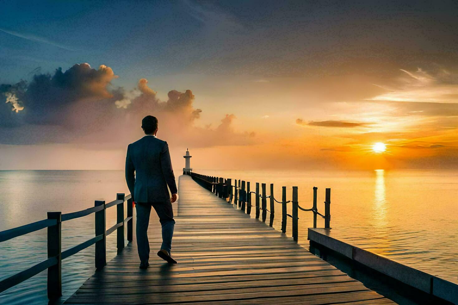 a man in a suit walks along a pier at sunset. AI-Generated photo