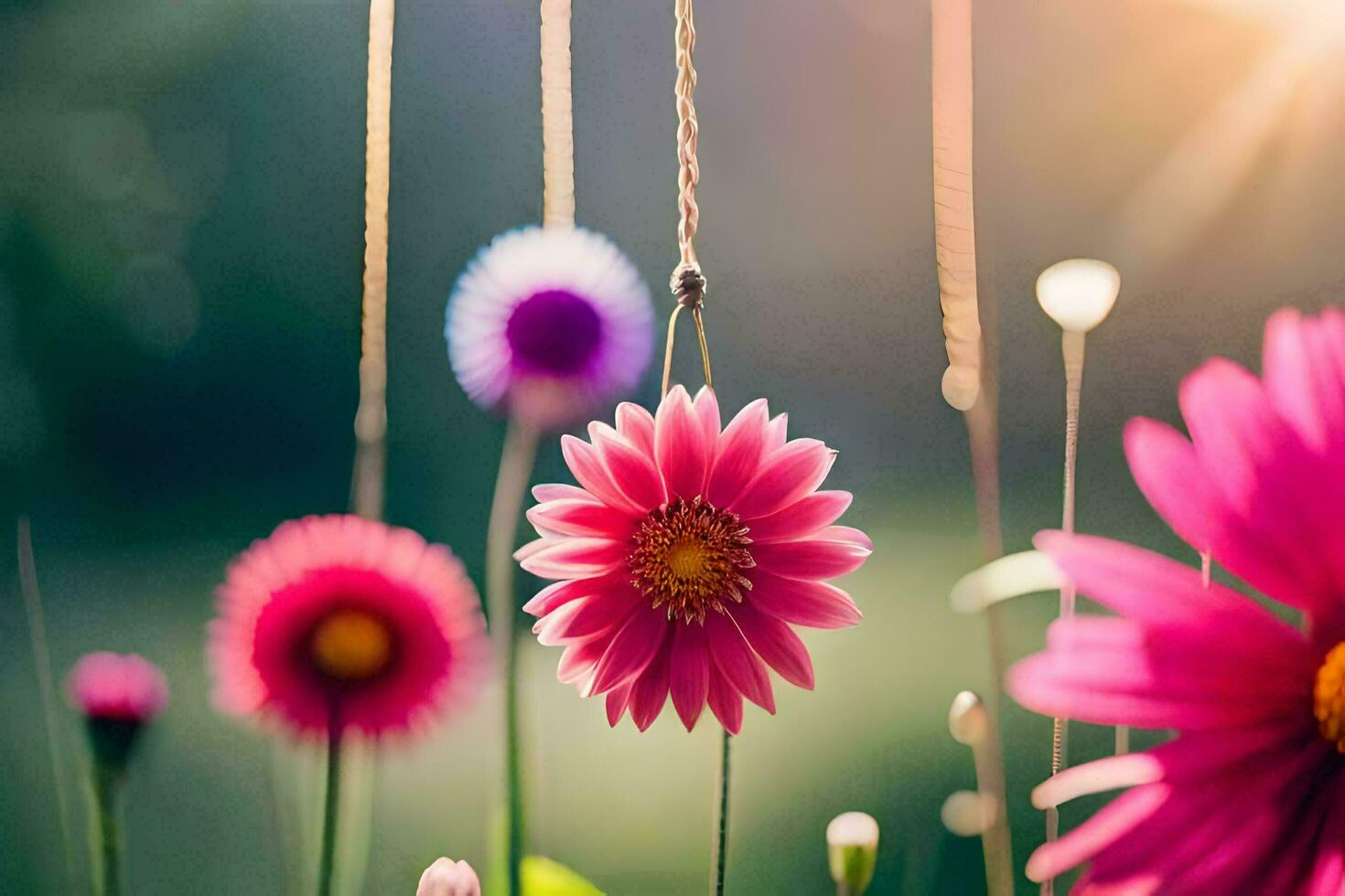 pink flowers hanging from a string in the sun. AI-Generated photo