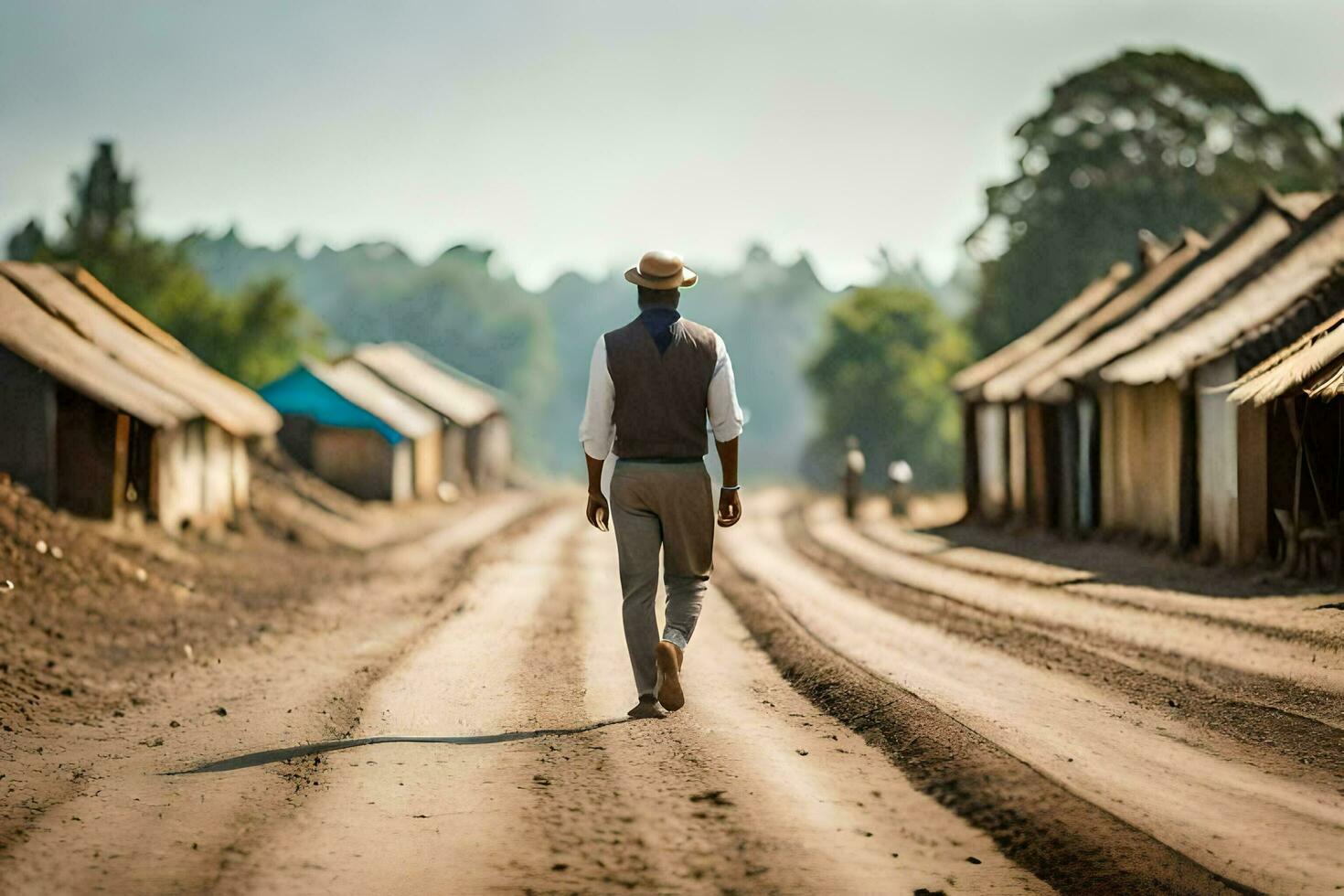 a man walking down a dirt road with huts in the background. AI-Generated photo