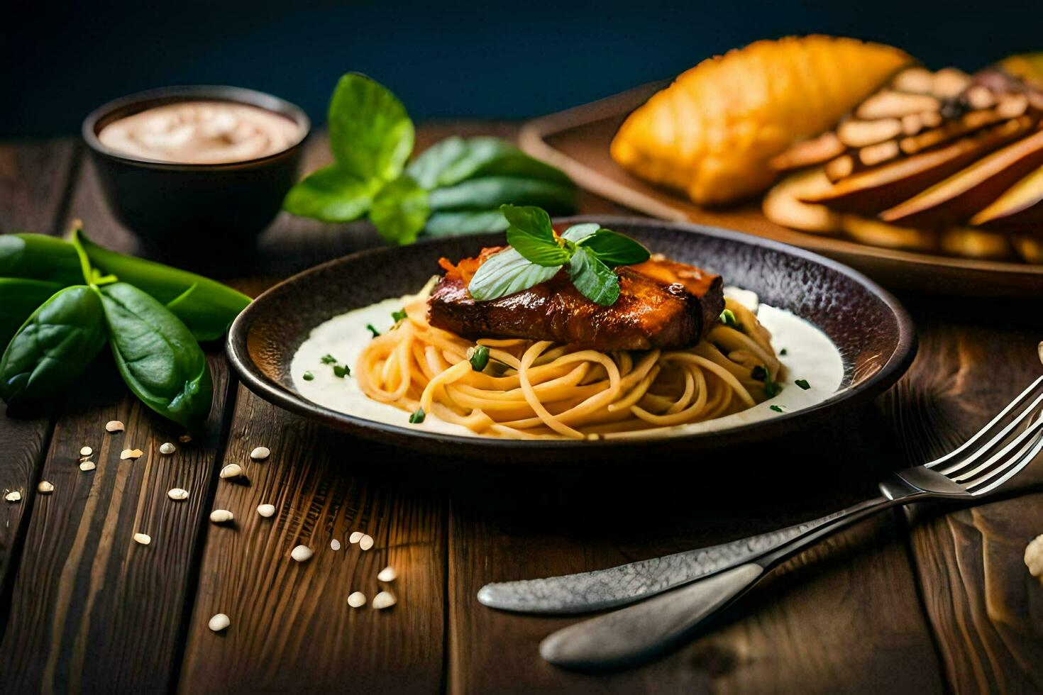 spaghetti with meat and sauce on a plate. AI-Generated photo