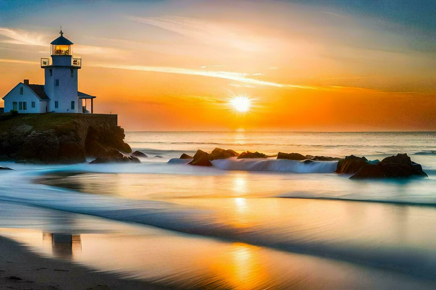 the sun sets over the lighthouse on the beach. AI-Generated photo