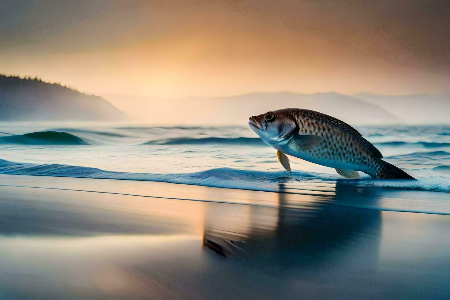 un pescado es saltando fuera de el agua a puesta de sol. generado por ai foto