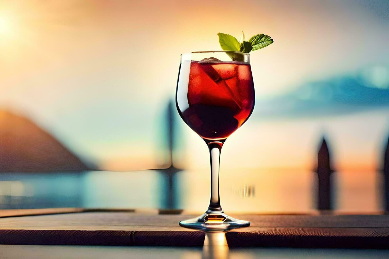 a glass of red wine on a table in front of the ocean. AI-Generated photo
