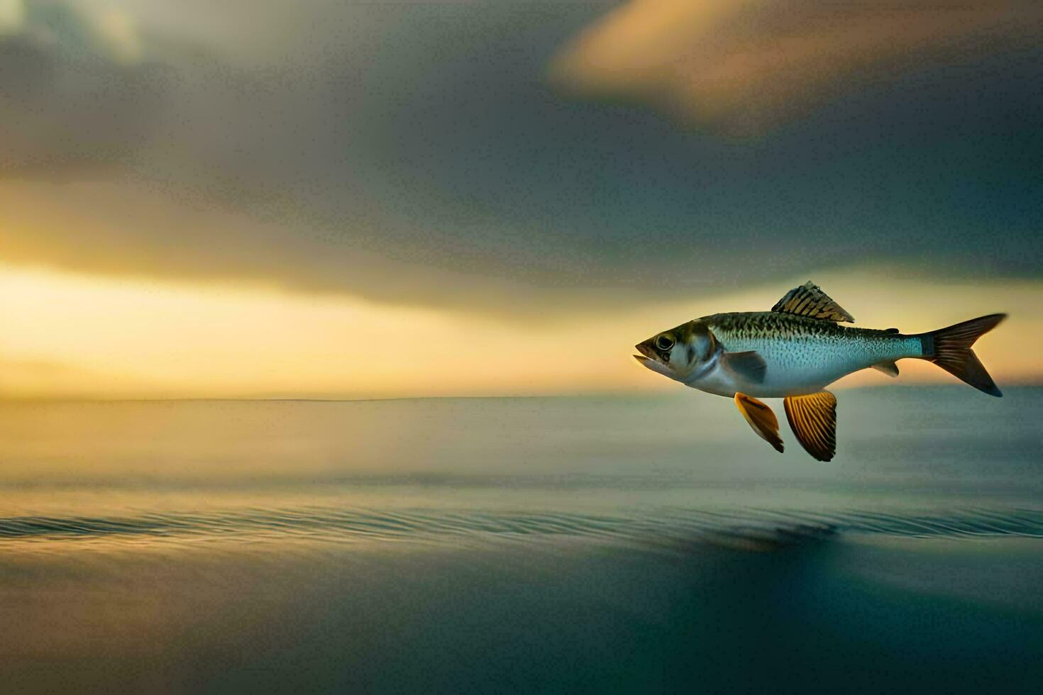 a fish is flying over the ocean at sunset. AI-Generated photo
