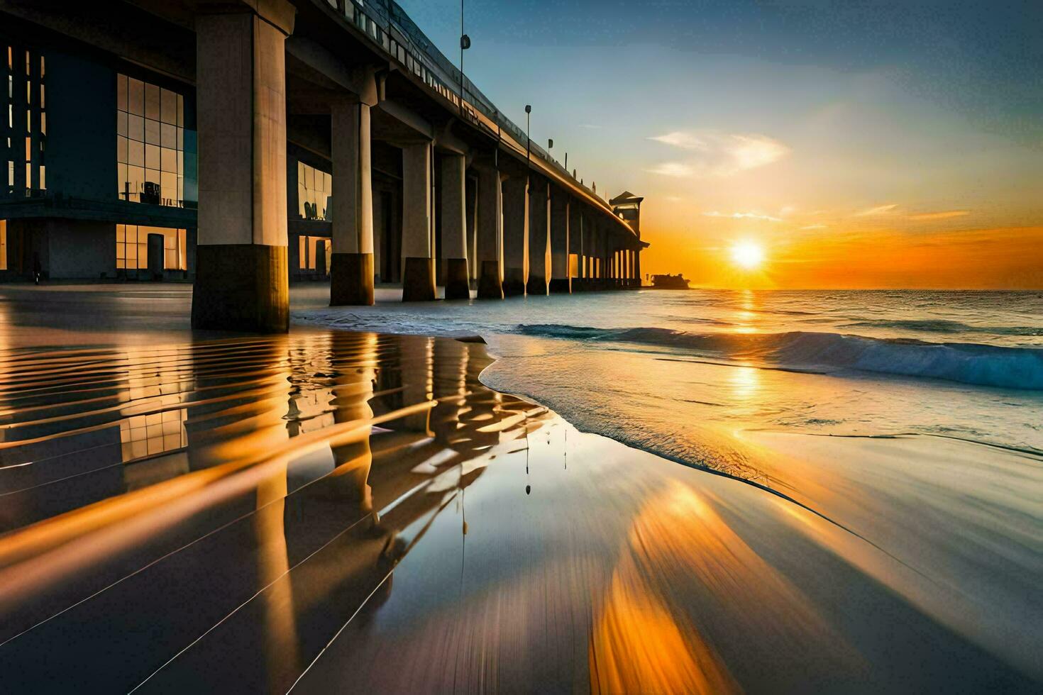 el Dom conjuntos detrás un muelle y olas en el playa. generado por ai foto