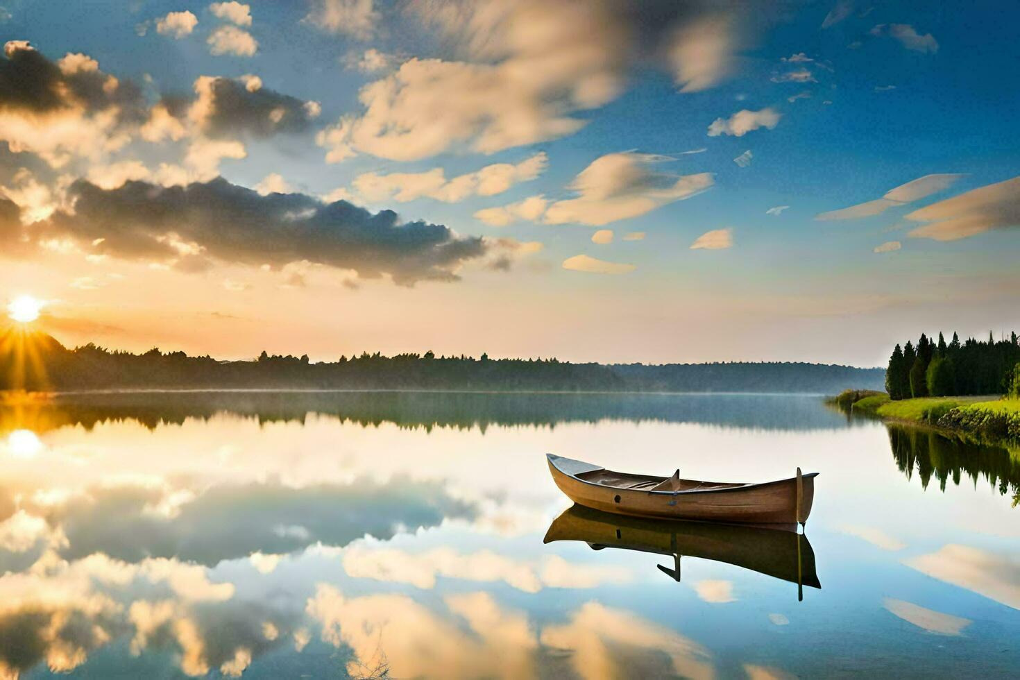 a boat sits on the calm water at sunset. AI-Generated photo