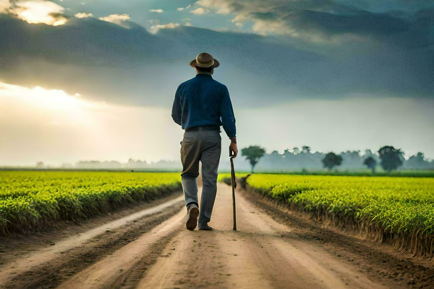 a man walking down a dirt road in a field. AI-Generated photo