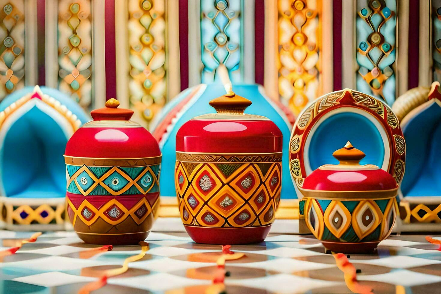 three colorful vases are on a table. AI-Generated photo