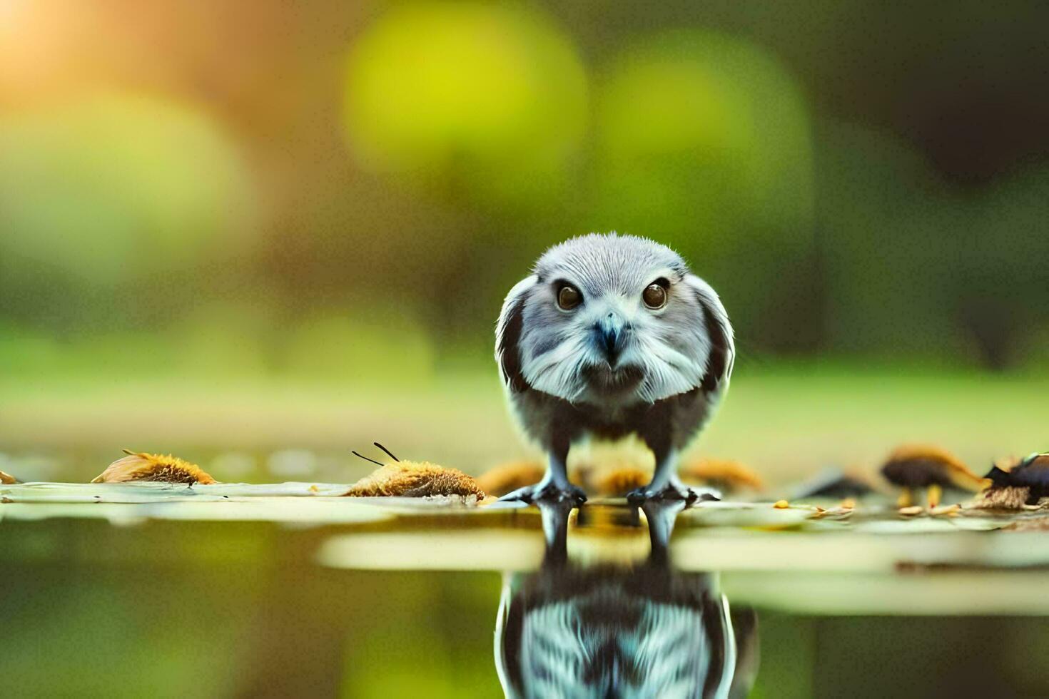 a small bird standing on the edge of a pond. AI-Generated photo