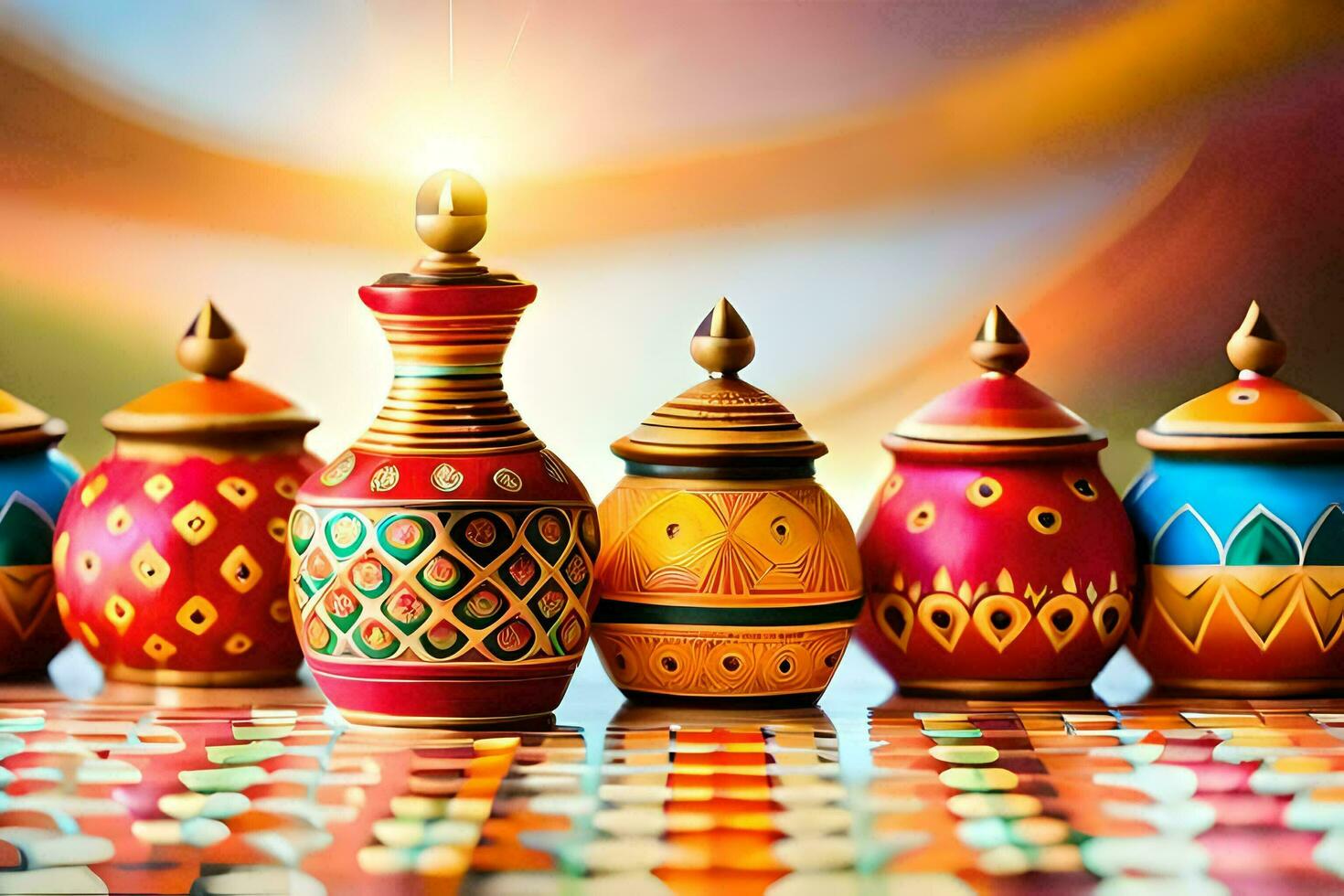 a row of colorful vases with candles. AI-Generated photo