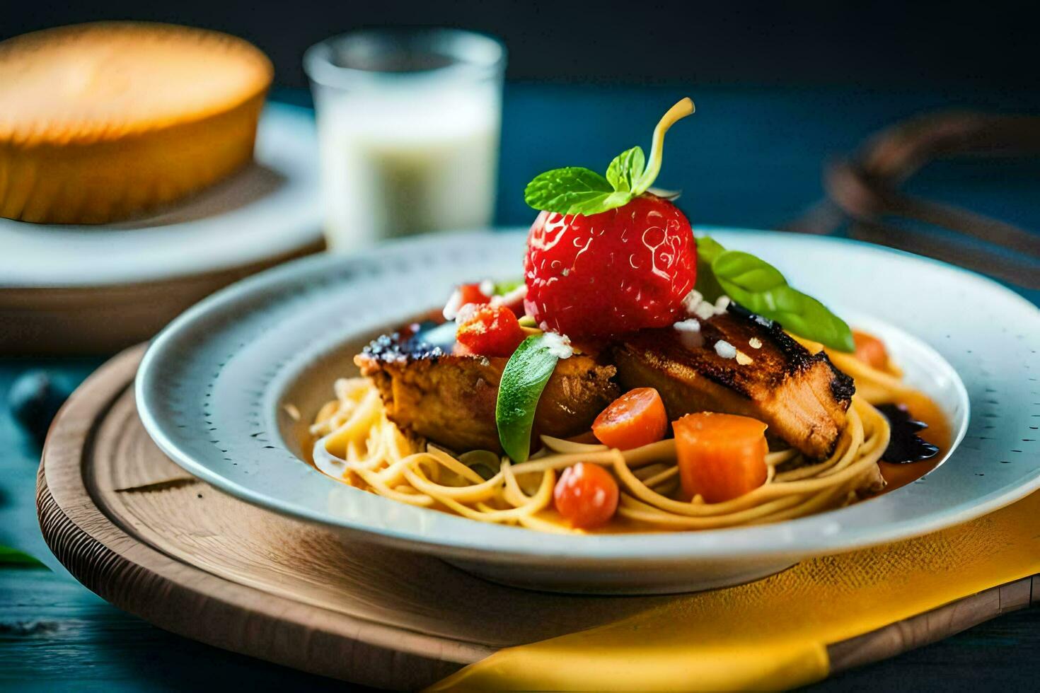 the food is served on a plate with a fork and a knife. AI-Generated photo