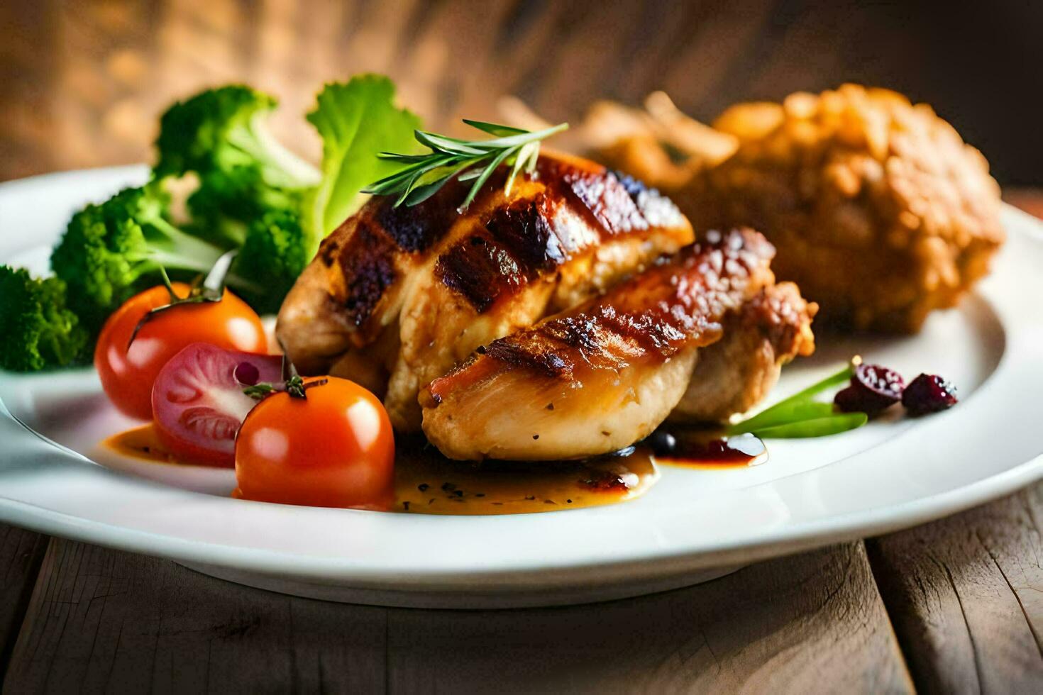 a plate with chicken, broccoli and tomatoes. AI-Generated photo