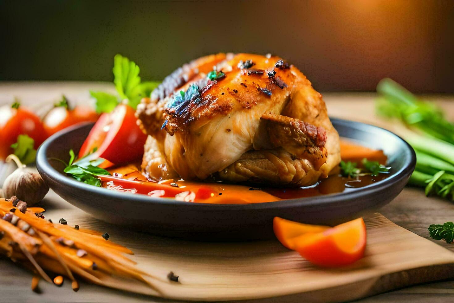 a chicken breast with vegetables and herbs on a plate. AI-Generated photo