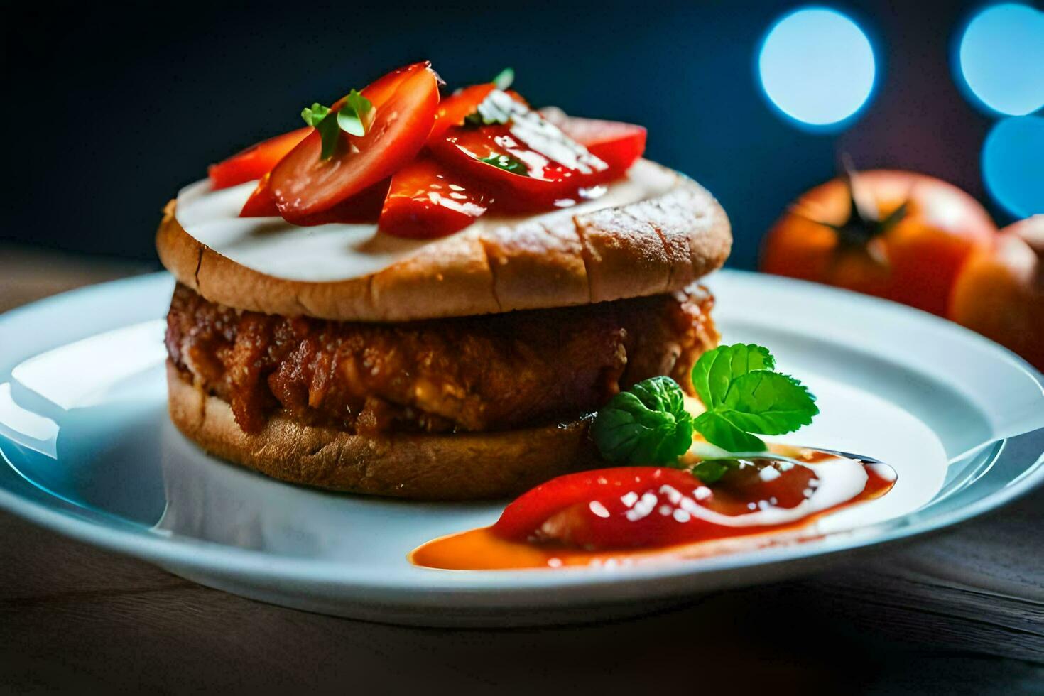 a hamburger with tomato sauce and cheese on a plate. AI-Generated photo