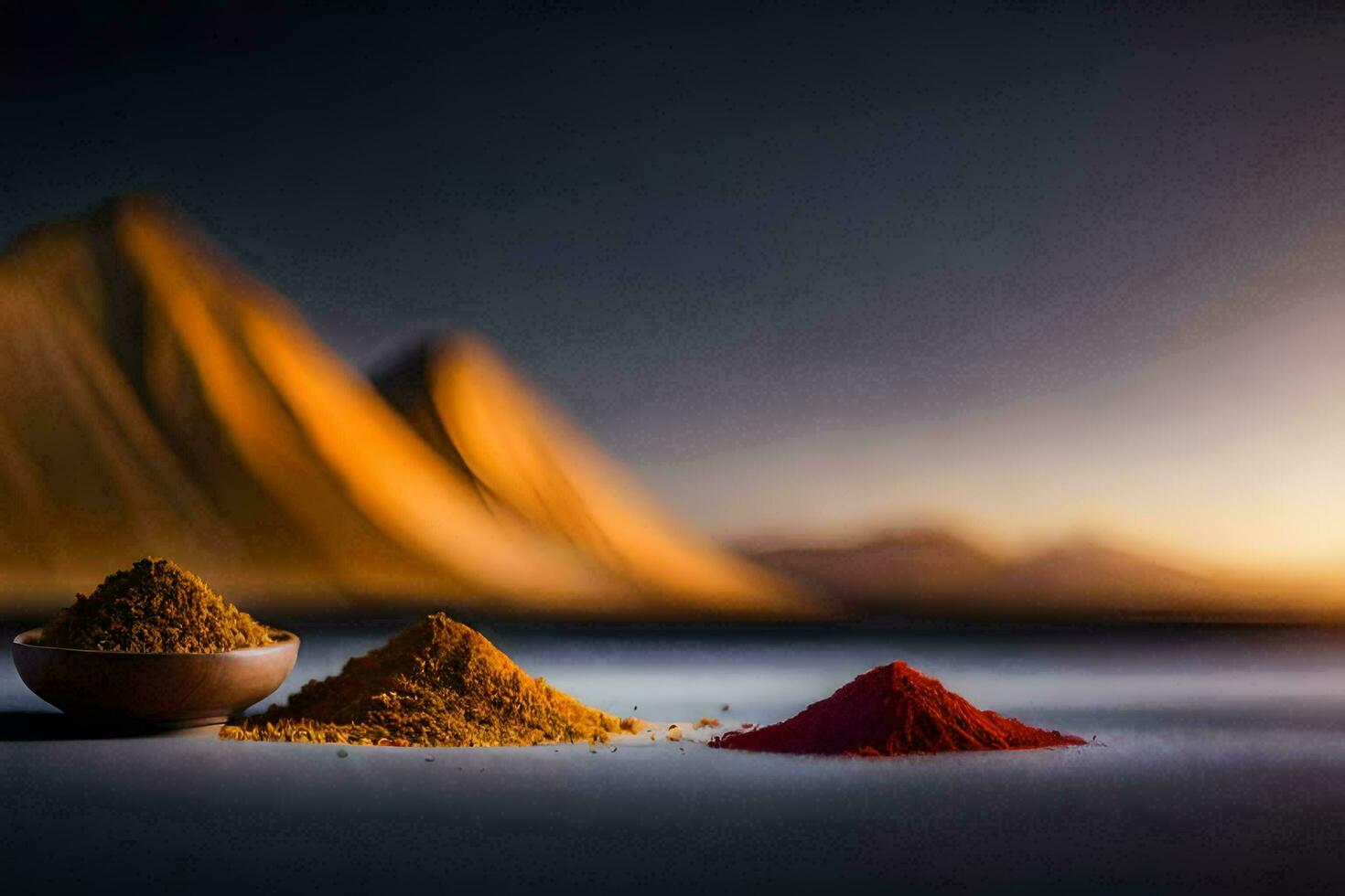 spices in a bowl and a mountain in the background. AI-Generated photo