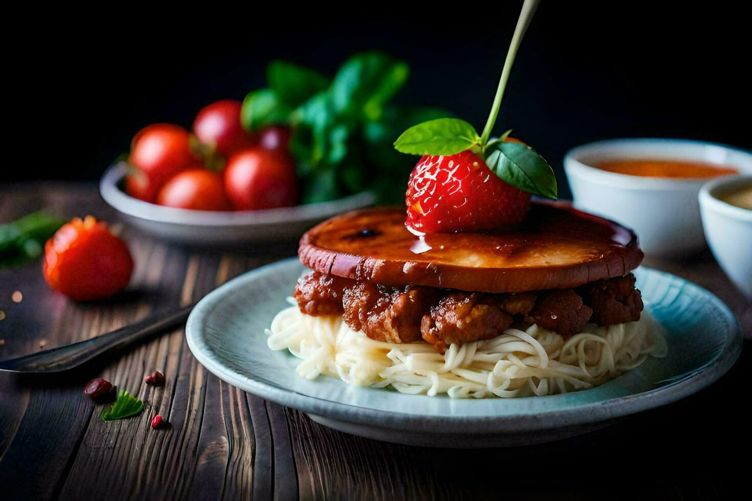 a plate with a hamburger and a strawberry on it. AI-Generated photo