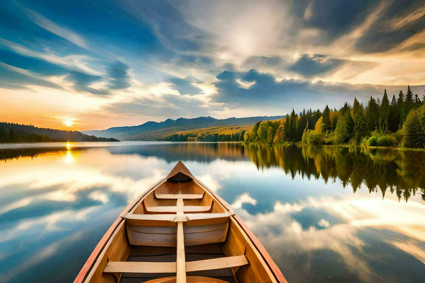 a canoe is floating on a calm lake at sunset. AI-Generated photo