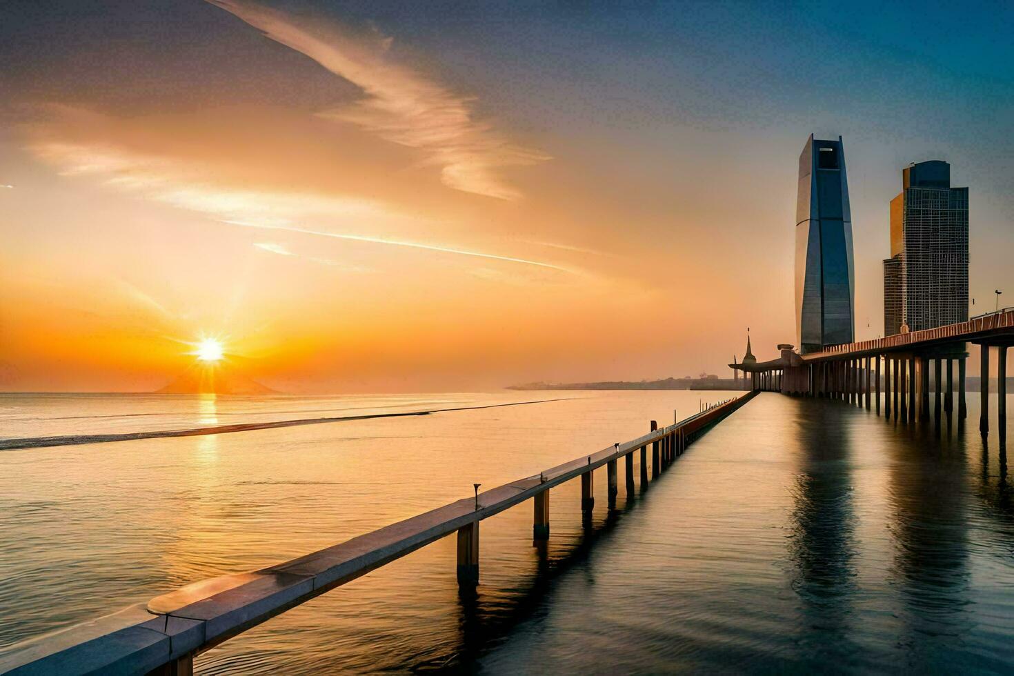 the sun rises over the ocean and pier in this photo. AI-Generated photo