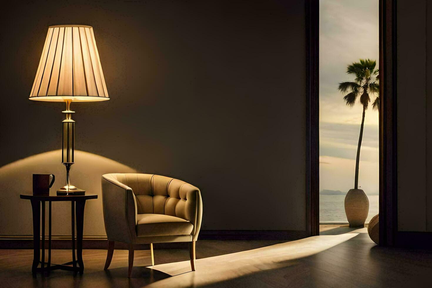 a chair and lamp in front of a window. AI-Generated photo