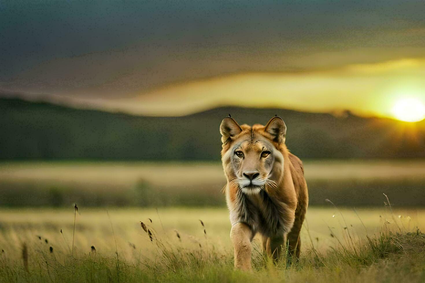 a lion walking in the grass at sunset. AI-Generated photo