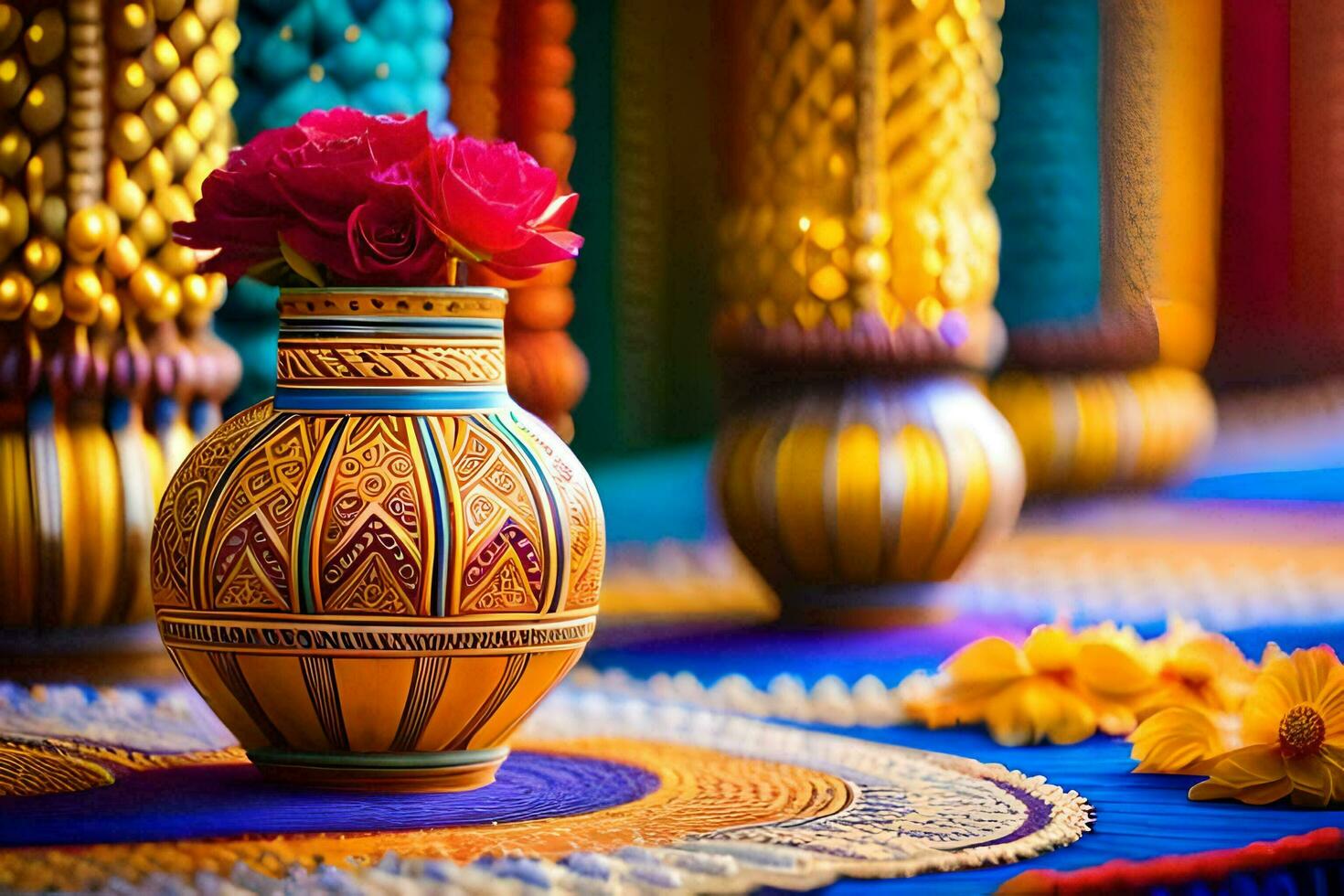 colorful vases with flowers on a blue tablecloth. AI-Generated photo