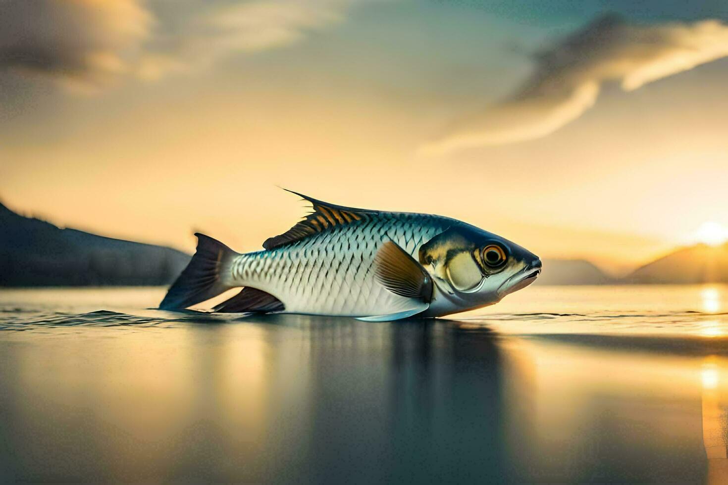 a fish is floating in the water at sunset. AI-Generated photo