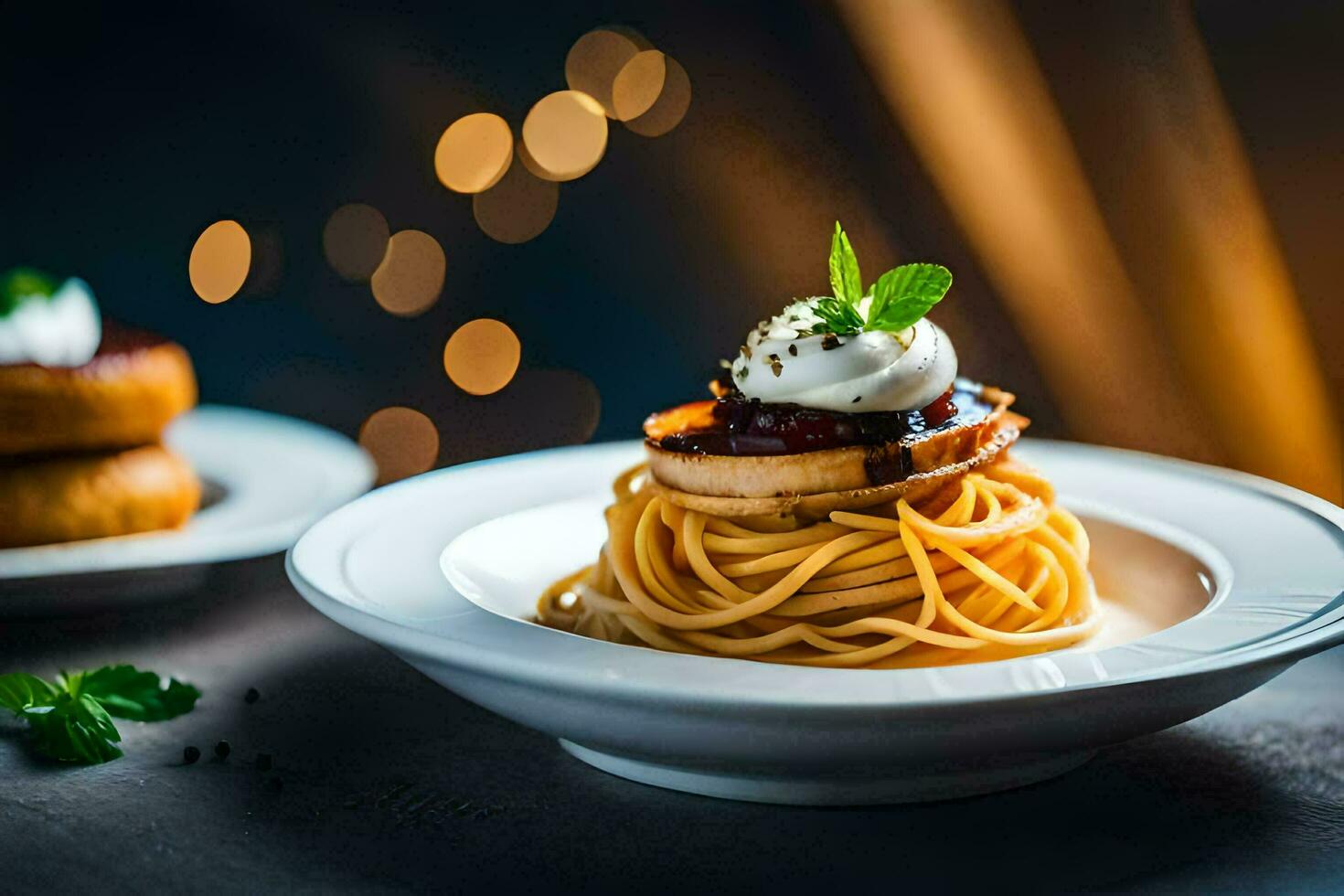 spaghetti with mushrooms and cream on a plate. AI-Generated photo