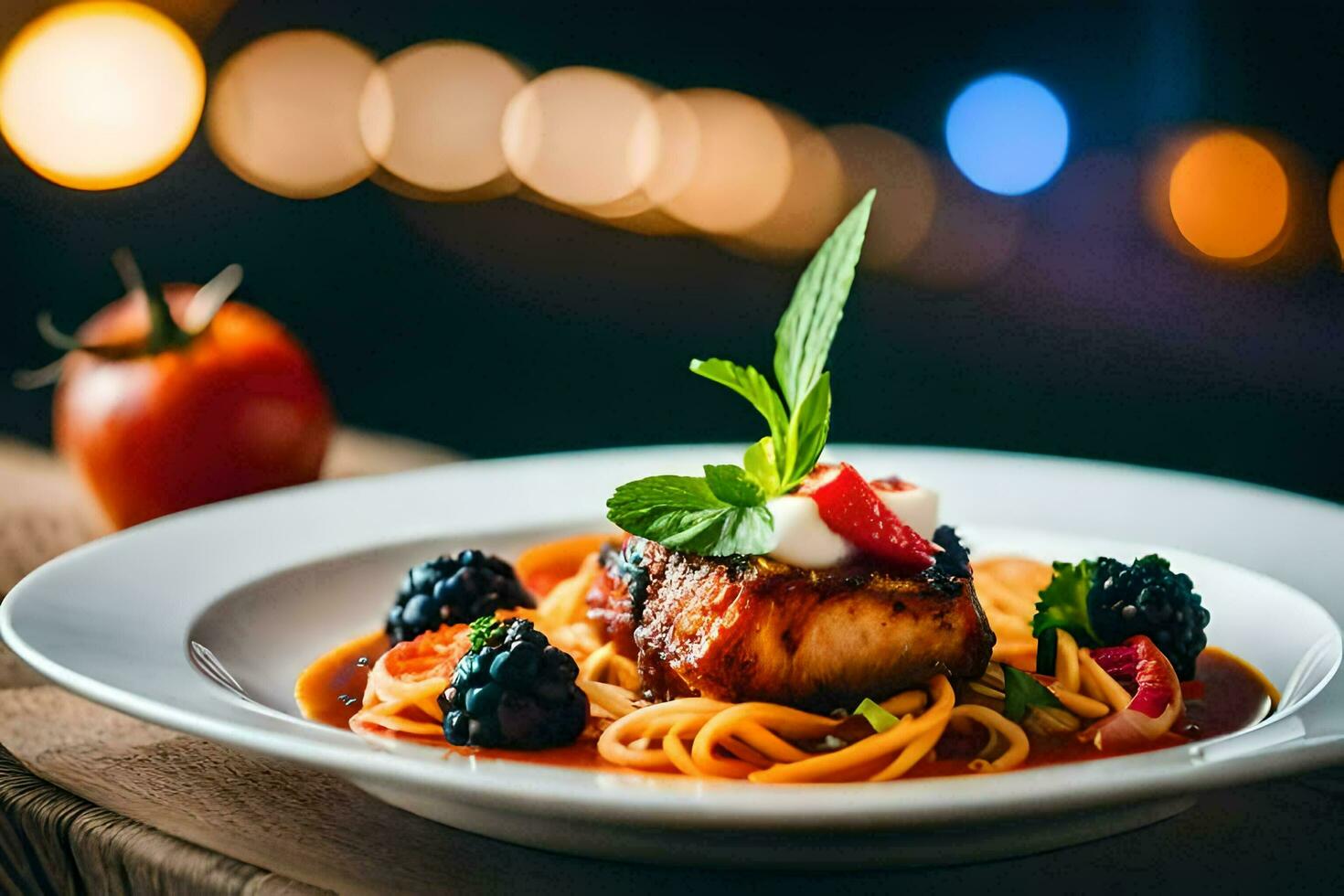 a plate of food with pasta and vegetables. AI-Generated photo