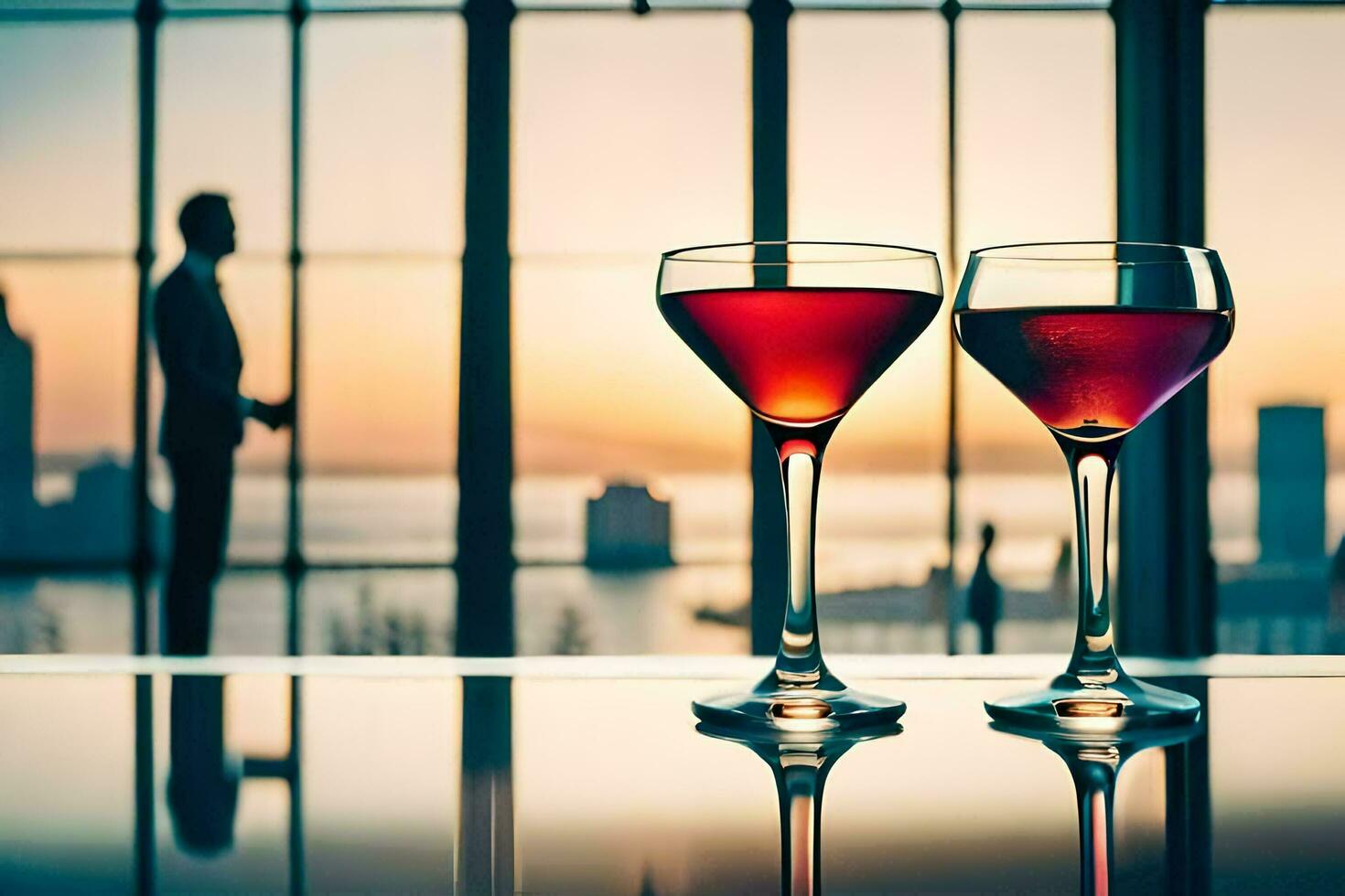 two glasses of wine on a table with a silhouette of a man. AI-Generated photo