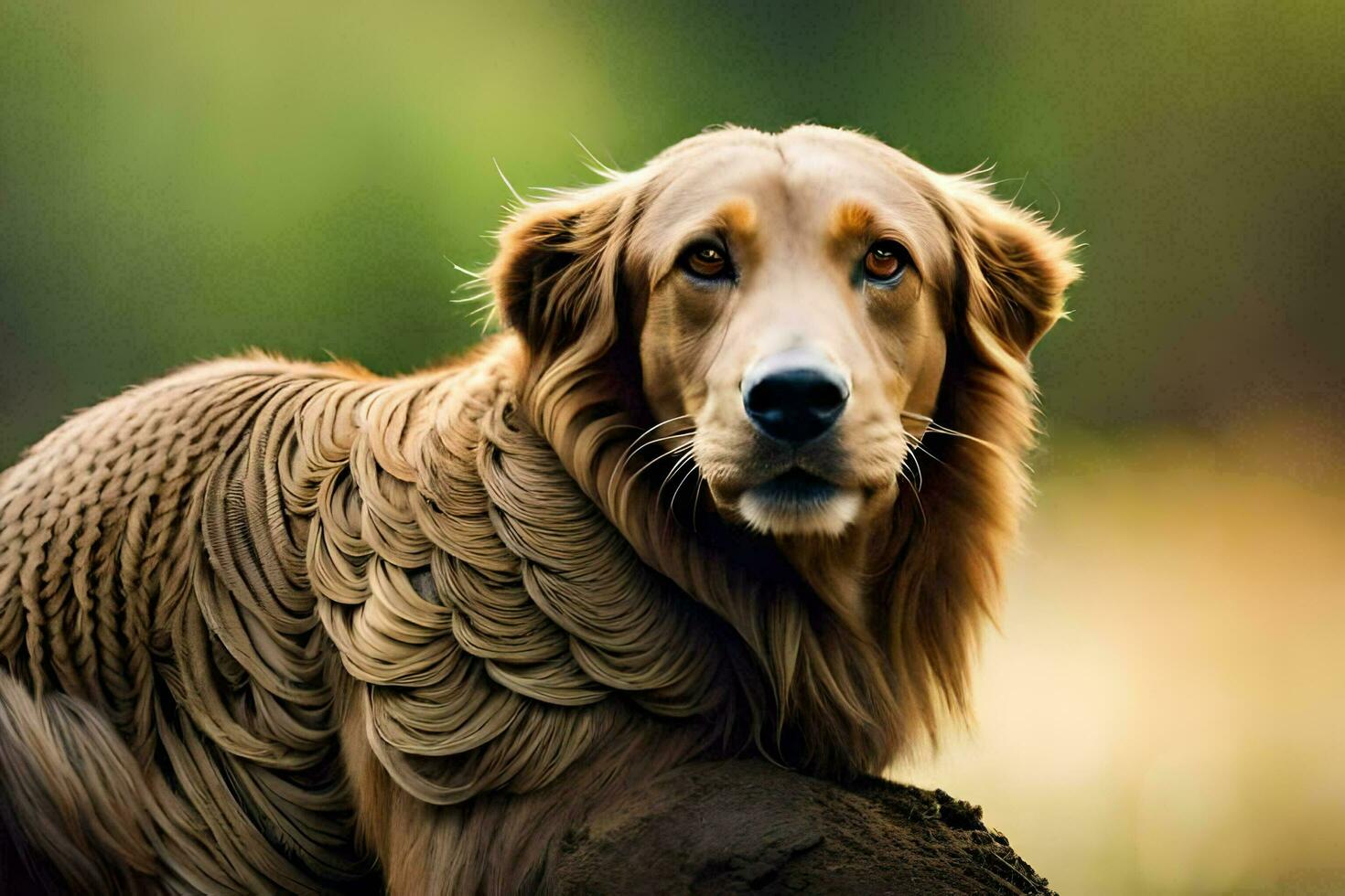 un dorado perdiguero con largo pelo sentado en un roca. generado por ai foto