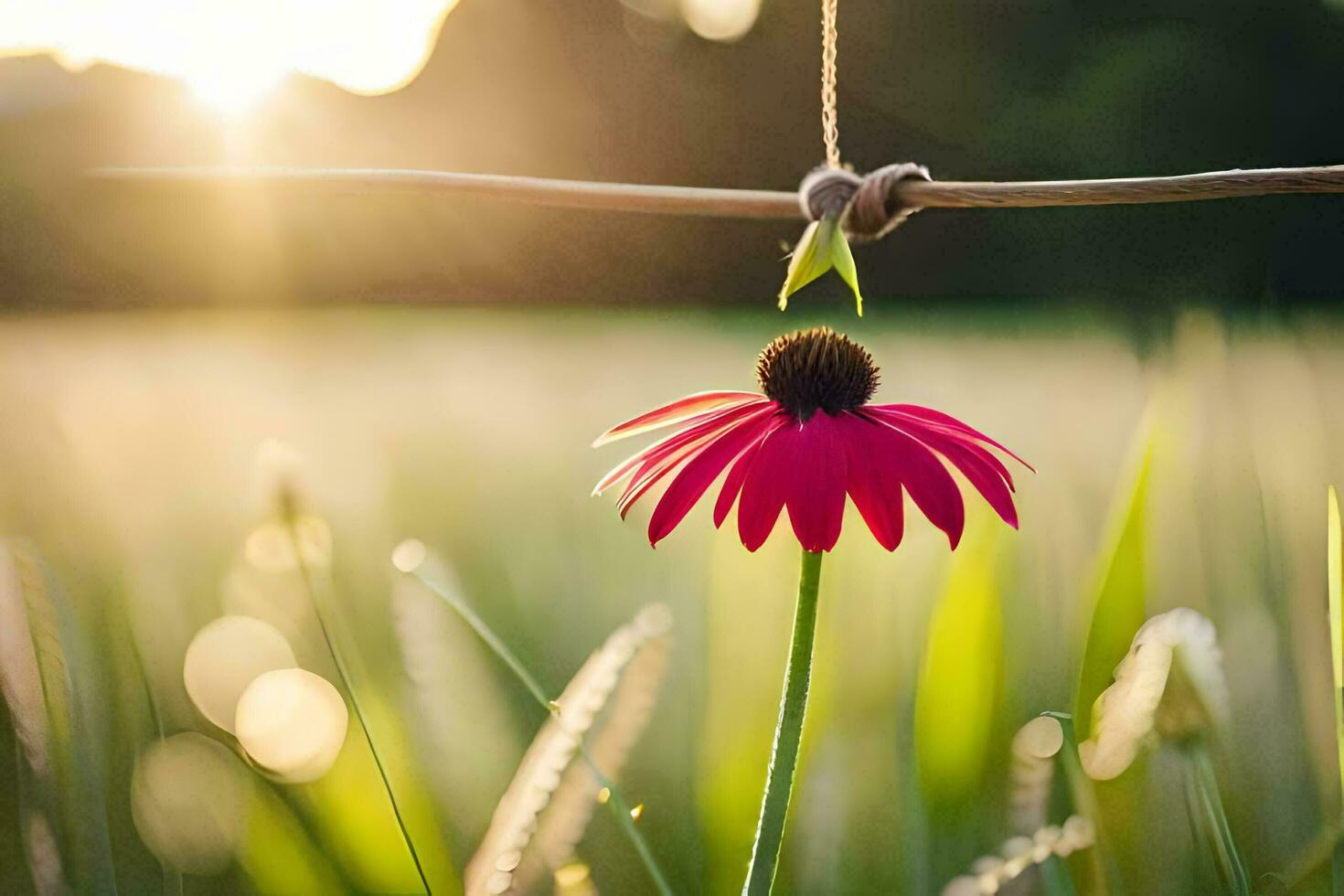 a single pink flower is hanging from a rope in a field. AI-Generated photo