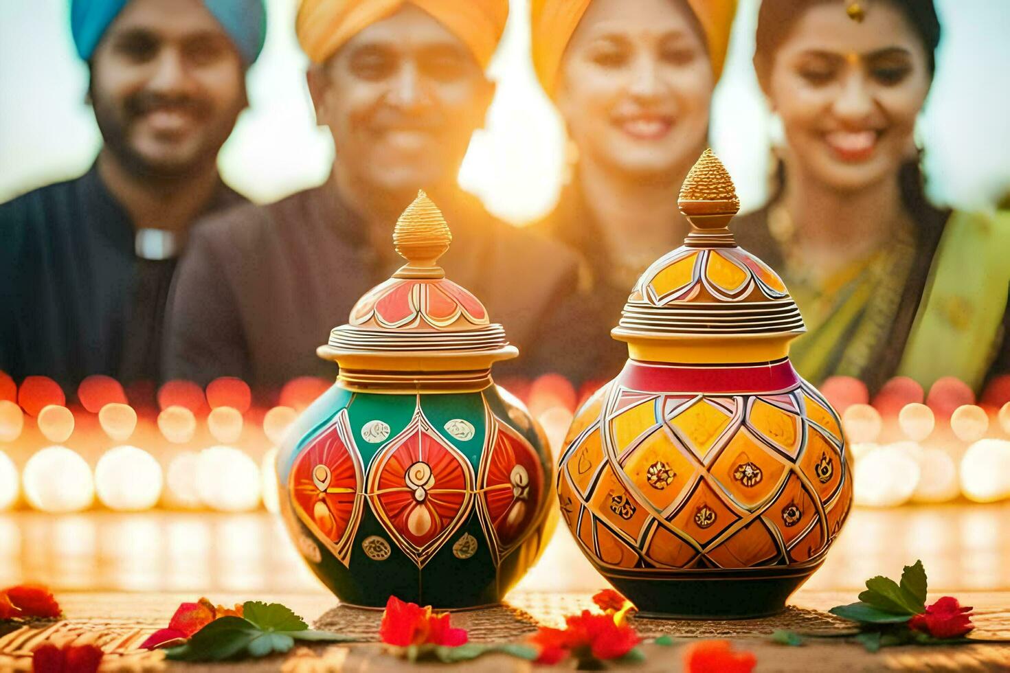 indian couple with colorful pots and candles. AI-Generated photo
