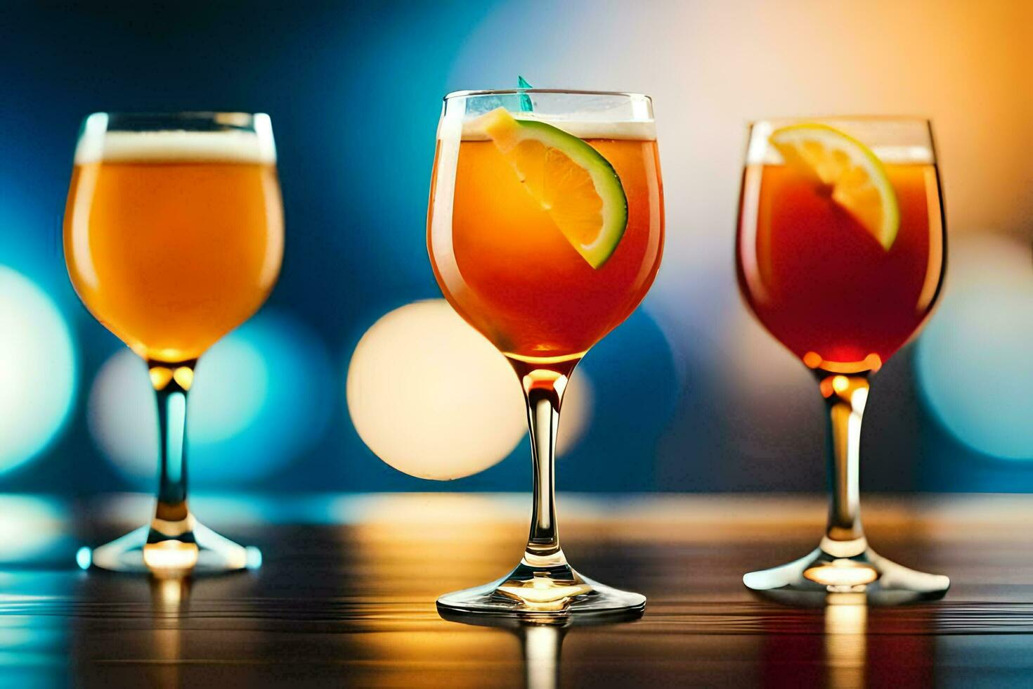 three glasses of alcoholic drinks with orange slices. AI-Generated photo