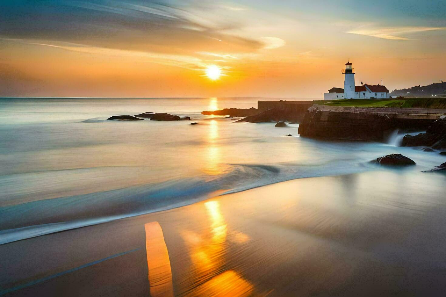 a lighthouse sits on the shore of a beach at sunset. AI-Generated photo