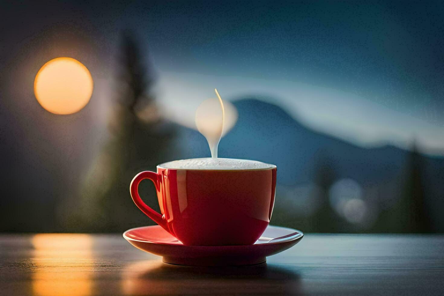 a cup of coffee on a table in the mountains. AI-Generated photo
