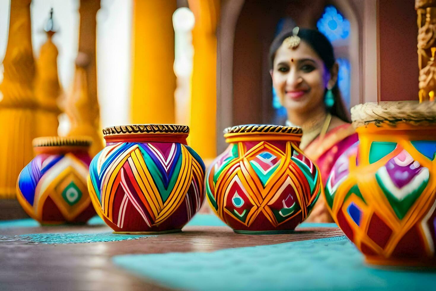 a woman in traditional indian dress sits next to colorful pots. AI-Generated photo