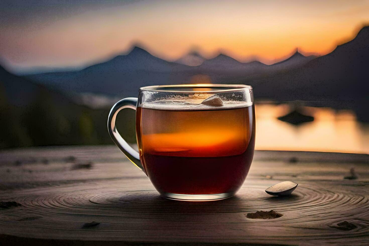 un taza de té en un de madera mesa con un ver de el puesta de sol. generado por ai foto