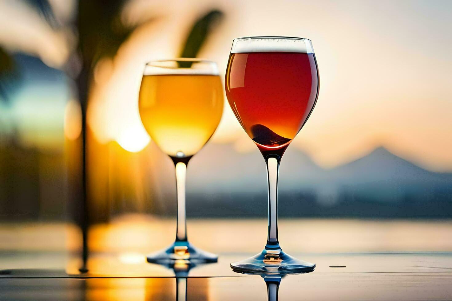 two glasses of wine on a table with the sun setting in the background. AI-Generated photo