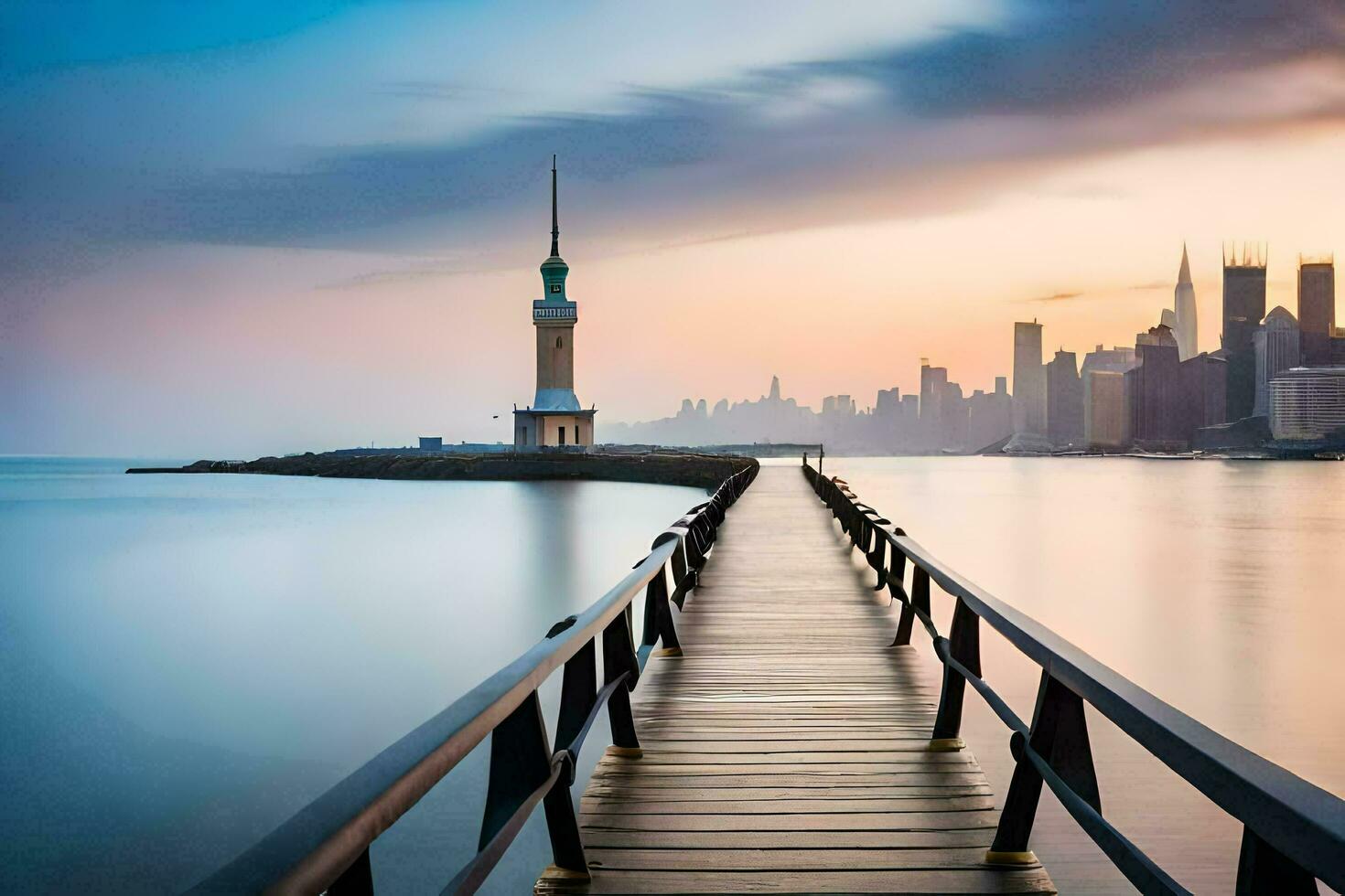 a long pier with a tower in the distance. AI-Generated photo