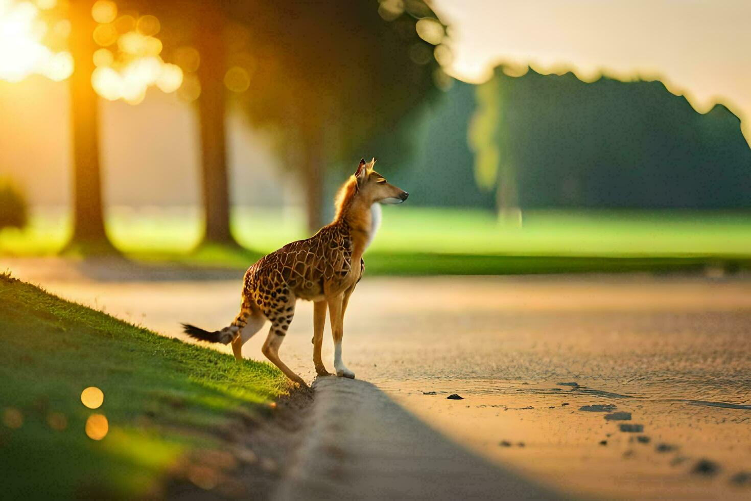 a cheetah is standing on the road at sunset. AI-Generated photo