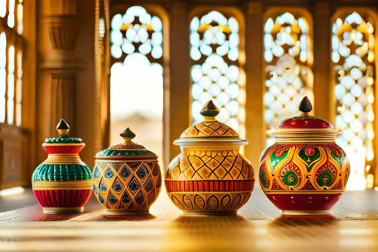 five colorful ceramic jars on a table. AI-Generated photo