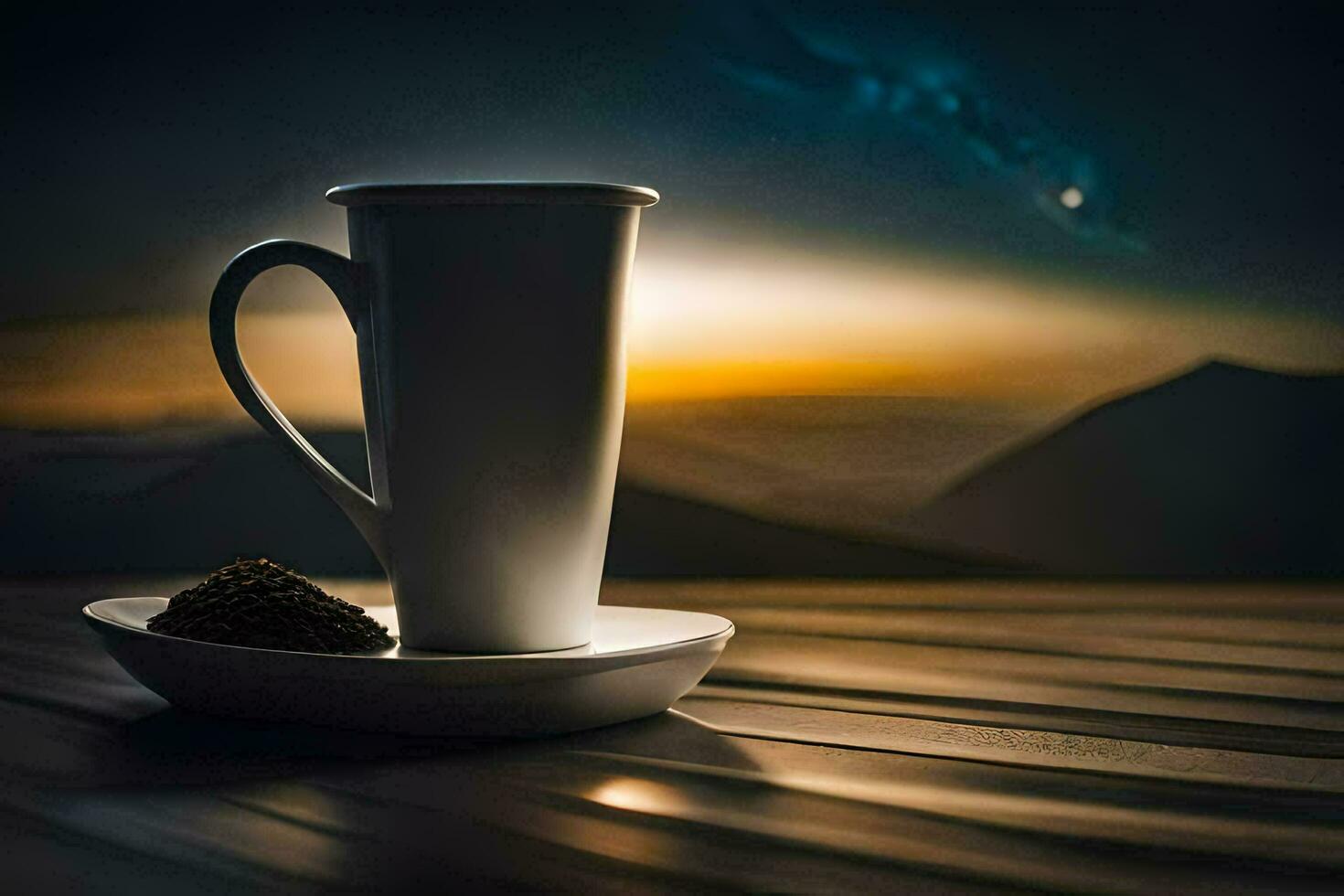 café taza y platillo en un de madera mesa con un puesta de sol en el antecedentes. generado por ai foto