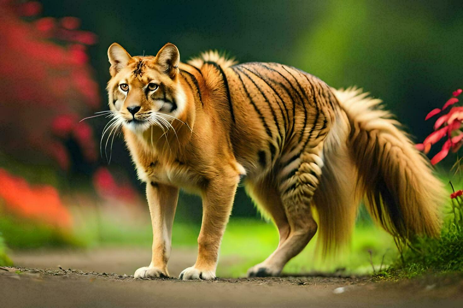 un Tigre caminando en un camino en el bosque. generado por ai foto