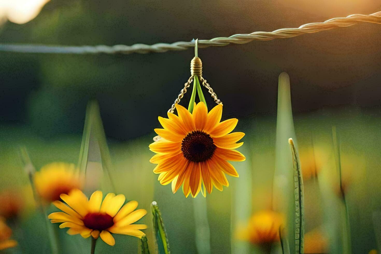 sunflower hanging on a wire in a field. AI-Generated photo