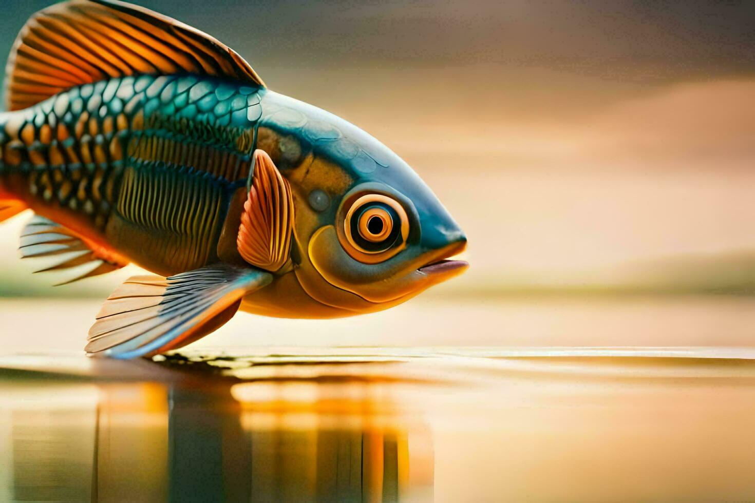 a fish with big eyes is floating on the water. AI-Generated photo