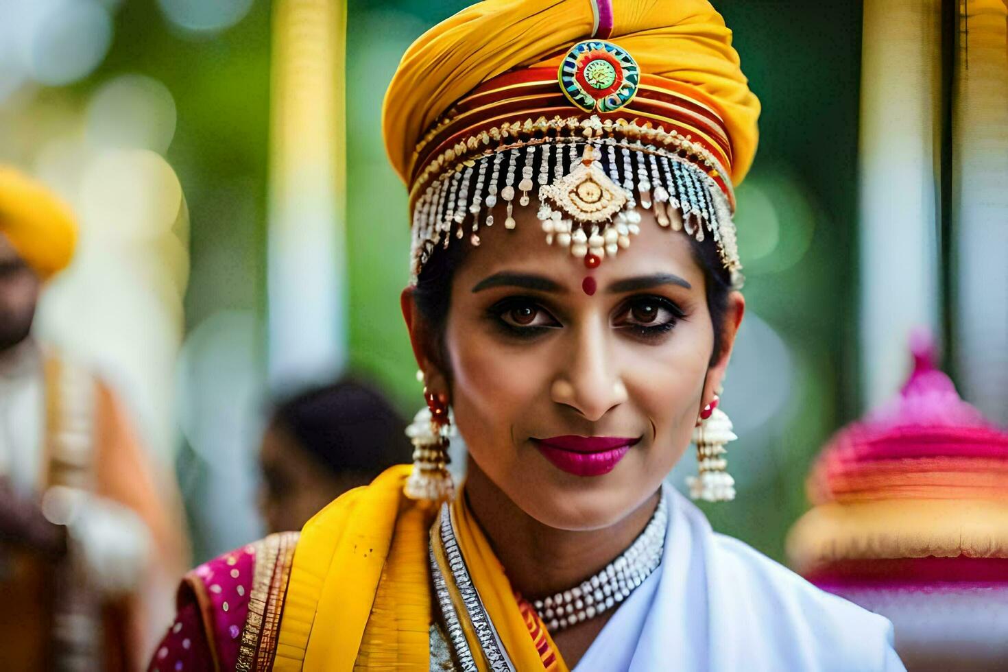 a woman in traditional indian attire with gold jewelry. AI-Generated photo