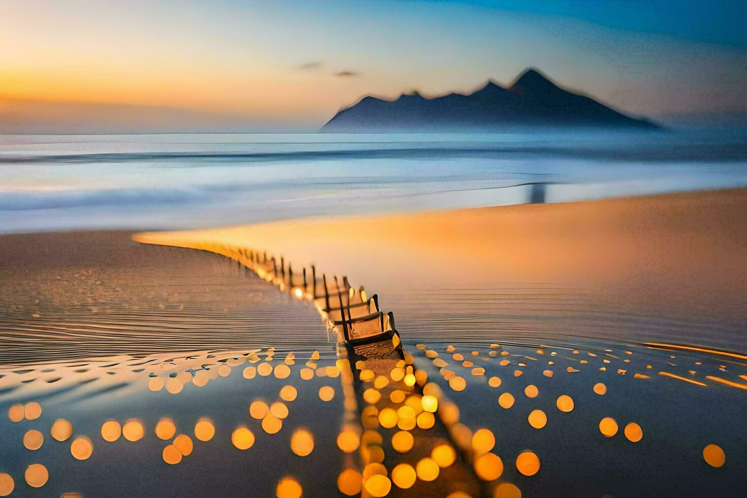 a beach with lights on the sand. AI-Generated photo