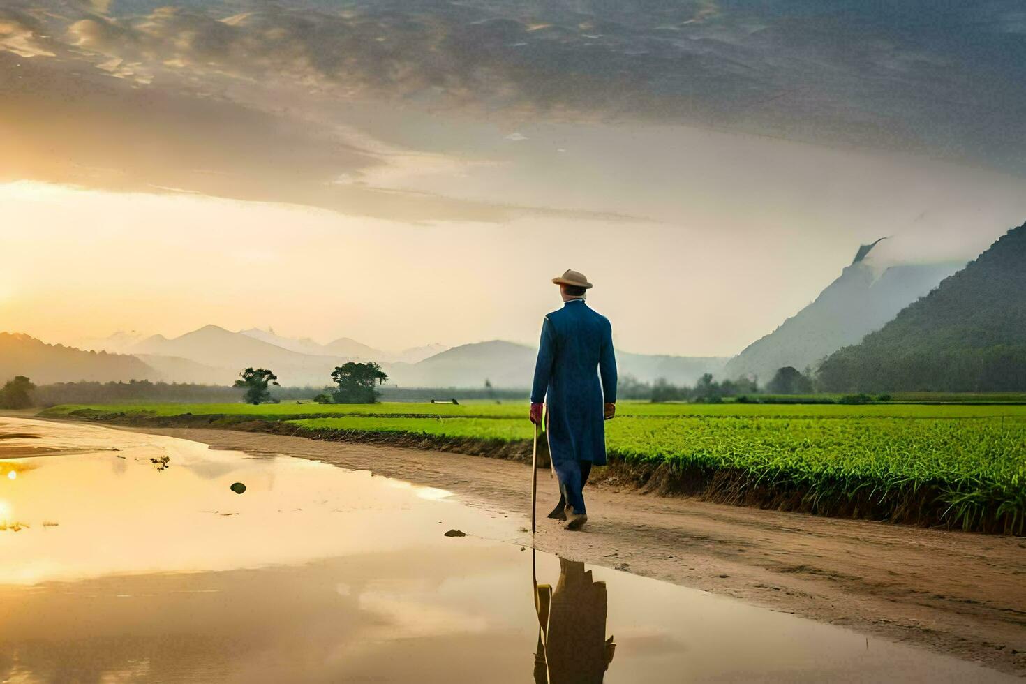 a man in a blue suit walks through a puddle in a rice field. AI-Generated photo